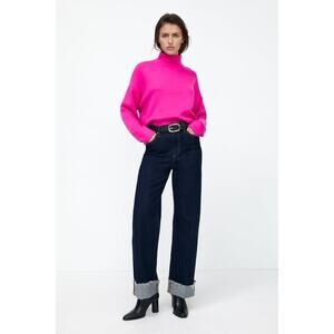 Zara Sweater Womens Small Pink Rib Mock Neck Boxy Oversized Cropped Retro Fun